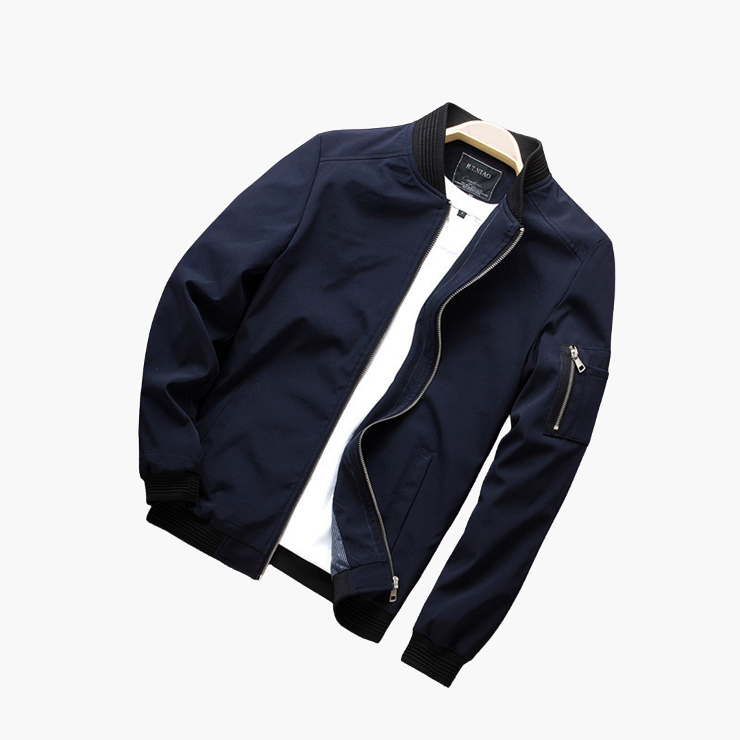Navy blue zip-up bomber jacket with ribbed collar, laid flat, unzipped | Chaps London