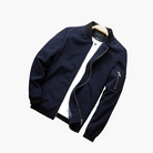 Navy blue zip-up bomber jacket with ribbed collar, laid flat, unzipped | Chaps London