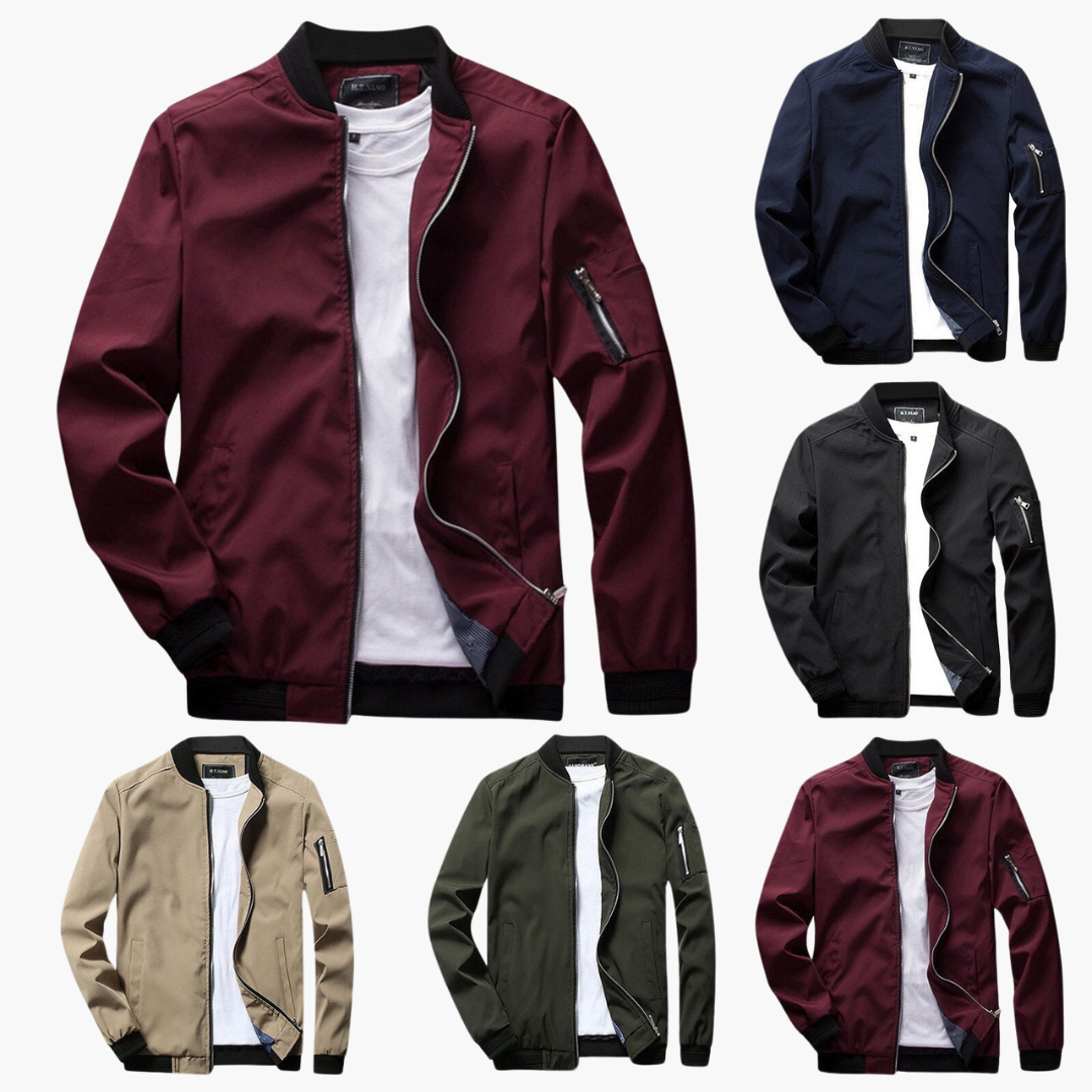 Zip-up bomber jackets in six colors, flat lay product display | Chaps London