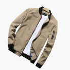 Khaki bomber jacket with black ribbed trim, laid flat, zip open | Chaps London