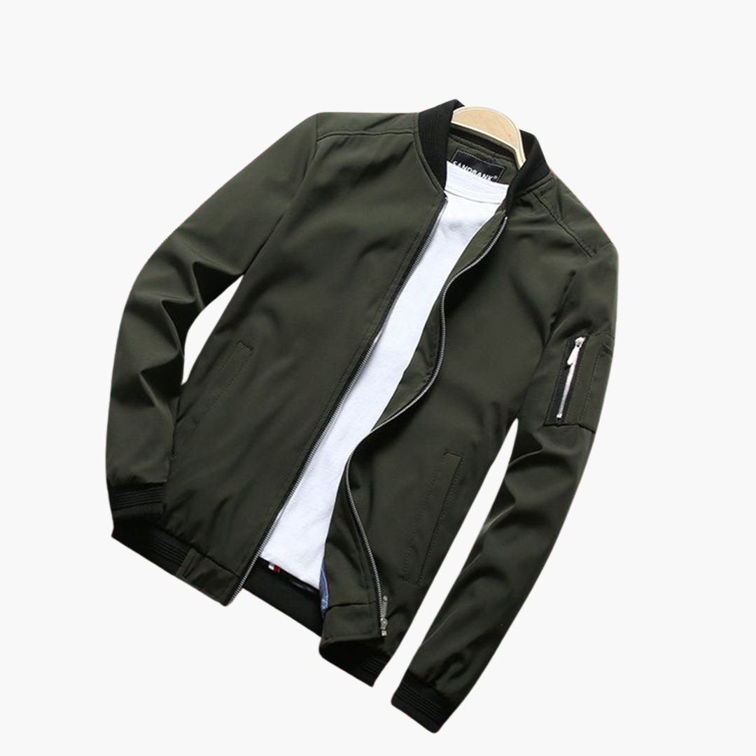 Olive green bomber jacket with zip pocket, shown on mannequin hanger | Chaps London