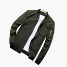 Olive green bomber jacket with zip pocket, shown on mannequin hanger | Chaps London