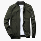 Olive green zip-up bomber jacket with ribbed collar, flat lay display | Chaps London