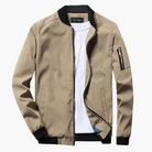 Khaki bomber jacket with ribbed collar and cuffs, flat lay display | Chaps London