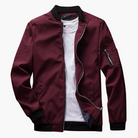 Maroon zip-up bomber jacket with ribbed collar, shown flat with white shirt | Chaps London