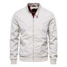 Light gray zip-up bomber jacket with ribbed collar, cuffs, and hem, flat lay | Chaps London