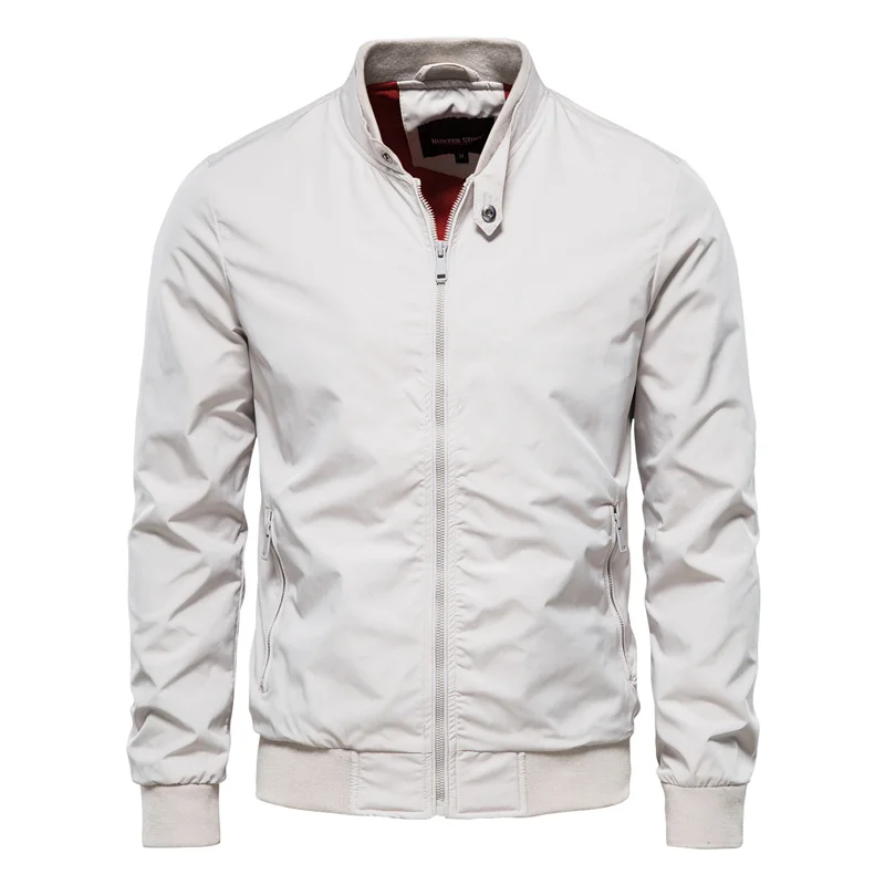 Light gray zip-up bomber jacket with ribbed collar, cuffs, and hem, flat lay | Chaps London