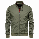 Olive green zip-up bomber jacket with stand collar, worn by man | Chaps London