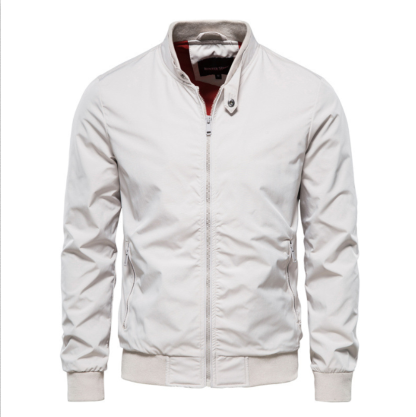 Off-white zip-up bomber jacket with ribbed collar, cuffs, flat lay | Chaps London