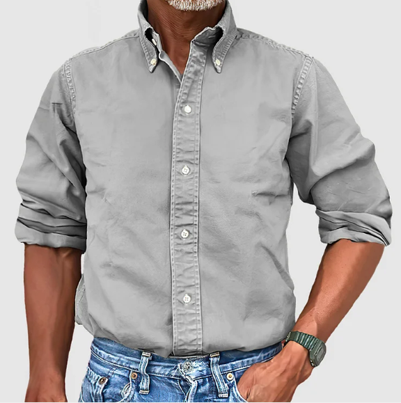 Button-Up Shirt - Long Sleeve - Collared - Denim Shirt - Men's Clothing-Men Shirt-Chaps London-Gray-S-Chaps London