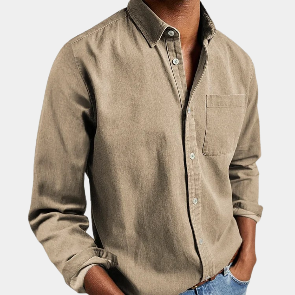 Button-Up Shirt - Men's Casual Long Sleeve Collared Shirt with Breast Pocket-Men Summer Shirt-Chaps London-Khaki-S-Chaps London