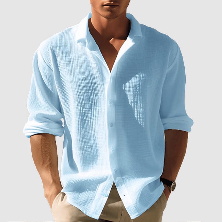 Button-Up Shirt - Men's Lightweight Lapel Long Sleeve Summer Shirt-Chaps London-Blue-S-Chaps London