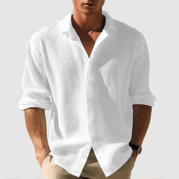 Button-Up Shirt - Men's Lightweight Lapel Long Sleeve Summer Shirt-Chaps London-White-S-Chaps London