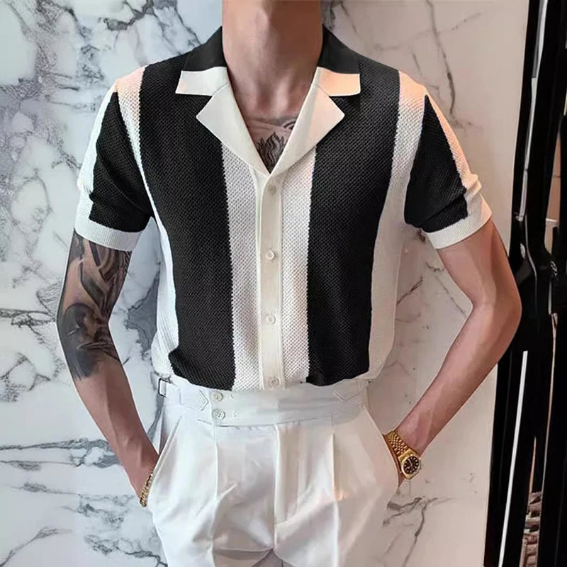 Button-Up Shirt - Short Sleeve - Striped - Polo Shirt - Men's Shirts-Shirt-Chaps London-Black-S-Chaps London