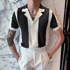 Button-Up Shirt - Short Sleeve - Striped - Polo Shirt - Men's Shirts-Shirt-Chaps London-Black-S-Chaps London
