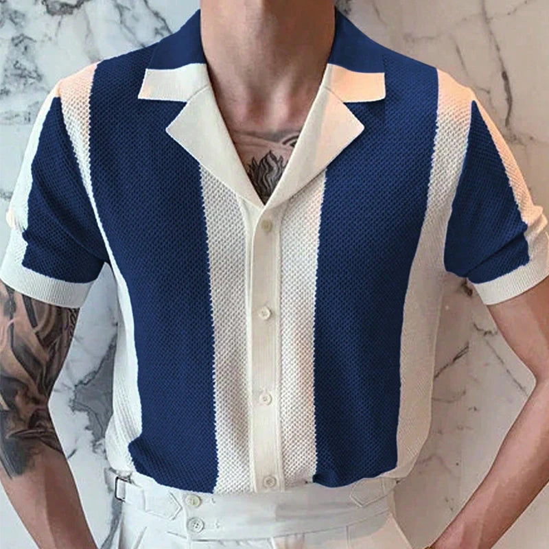Button-Up Shirt - Short Sleeve - Striped - Polo Shirt - Men's Shirts-Shirt-Chaps London-Dark Blue-S-Chaps London