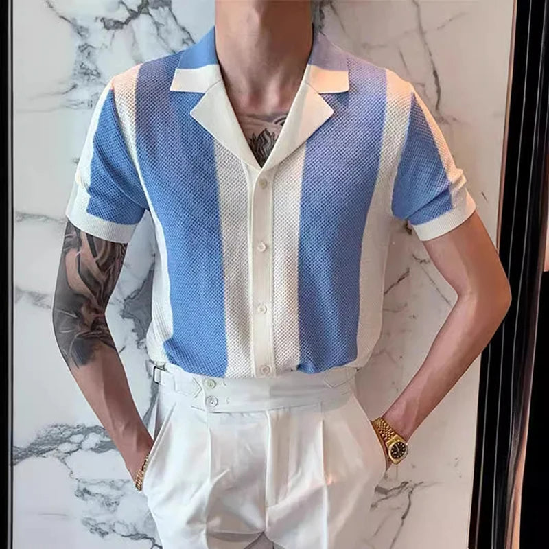 Button-Up Shirt - Short Sleeve - Striped - Polo Shirt - Men's Shirts-Shirt-Chaps London-Light Blue-S-Chaps London