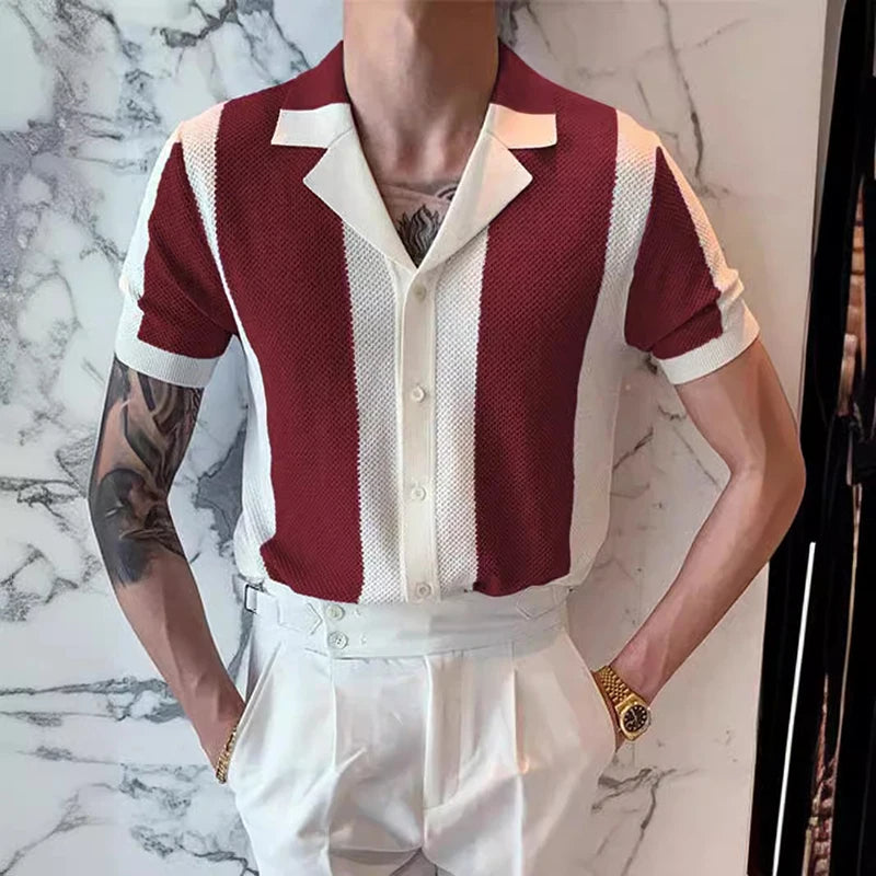 Button-Up Shirt - Short Sleeve - Striped - Polo Shirt - Men's Shirts-Shirt-Chaps London-Red-S-Chaps London