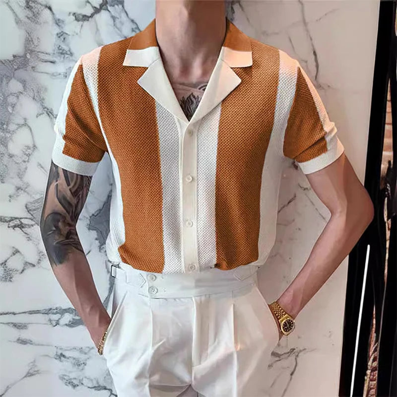 Button-Up Shirt - Short Sleeve - Striped - Polo Shirt - Men's Shirts-Shirt-Chaps London-Yellow-S-Chaps London