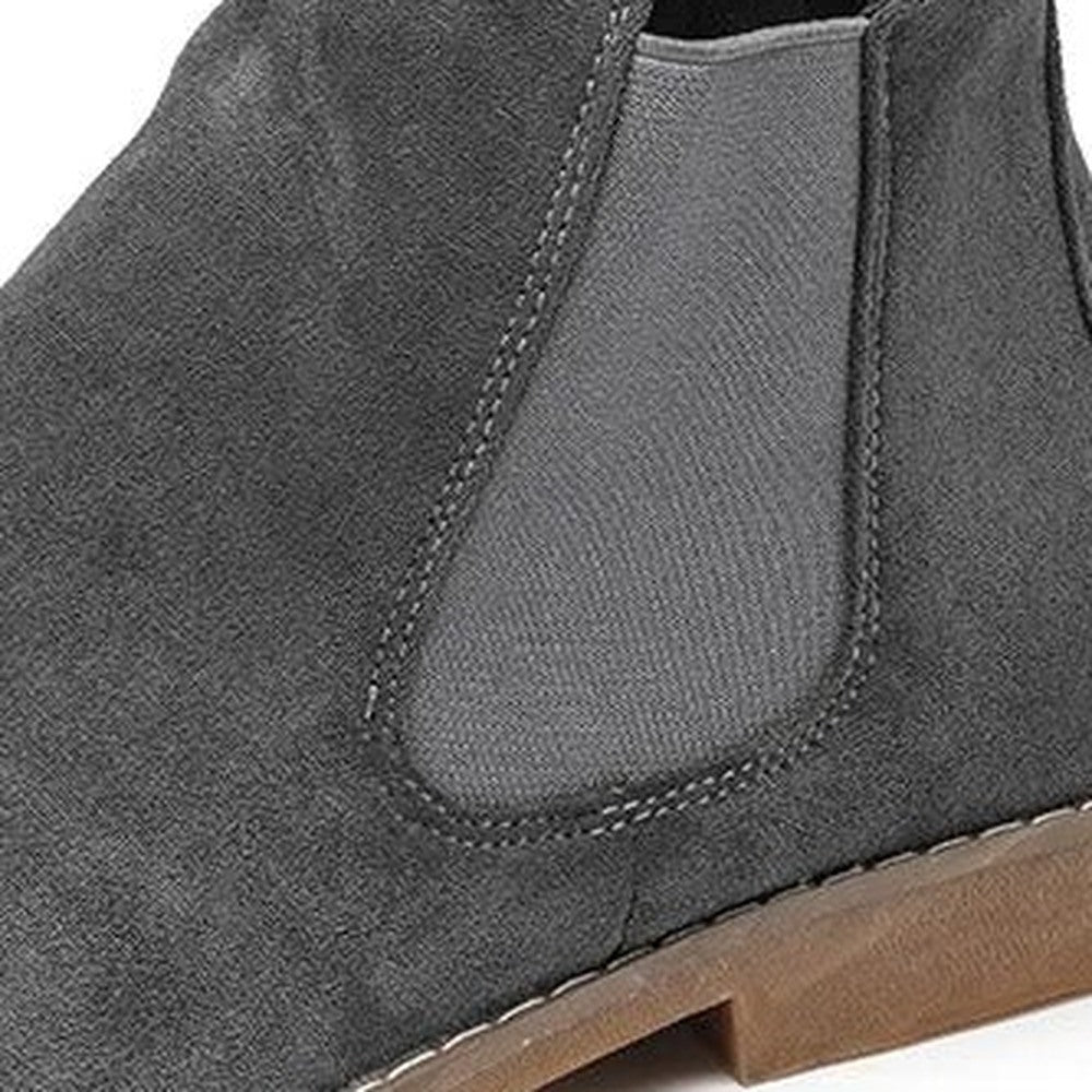 Close-up of gray faux suede Chelsea boot with elastic side panel detail | Chaps London