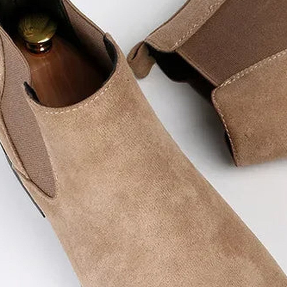 Tan suede Chelsea boots with elastic side panels, close-up flat lay view | Chaps London