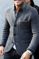 Gray tweed collared cardigan jacket worn by smiling man outdoors | Chaps London
