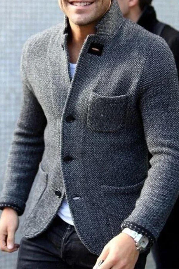 Gray tweed collared cardigan jacket worn by smiling man outdoors | Chaps London
