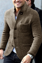 Brown herringbone tweed blazer with stand collar, worn by man outdoors | Chaps London
