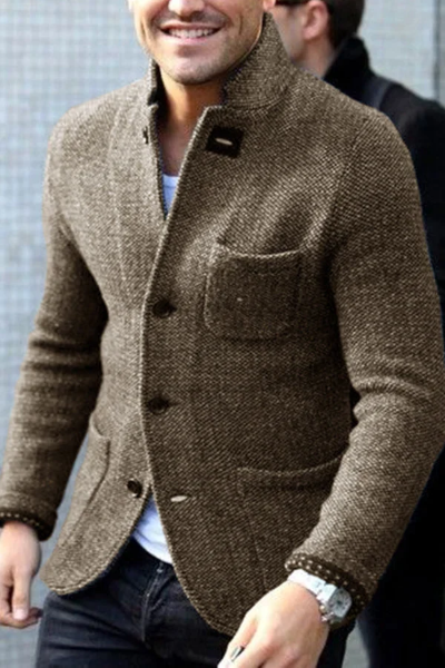 Brown herringbone tweed blazer with stand collar, worn by man outdoors | Chaps London
