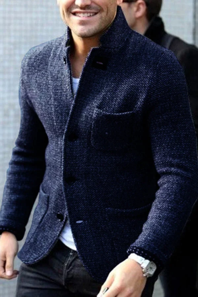 Man wearing navy tweed textured stand-collar blazer with chest pocket detail | Chaps London