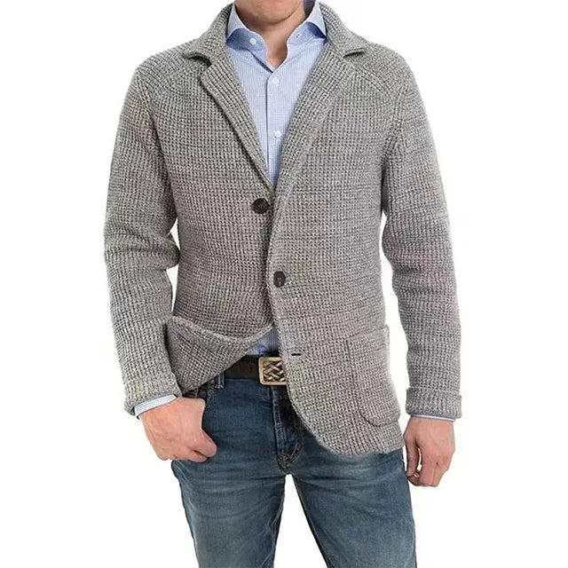 Gray knitted button-up cardigan blazer worn by man with jeans | Chaps London
