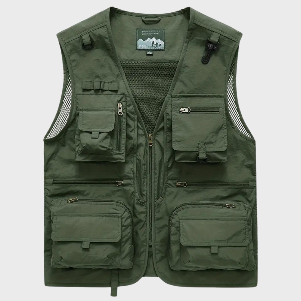 Olive green multi-pocket cargo vest with mesh back, shown flat, zipped | Chaps London