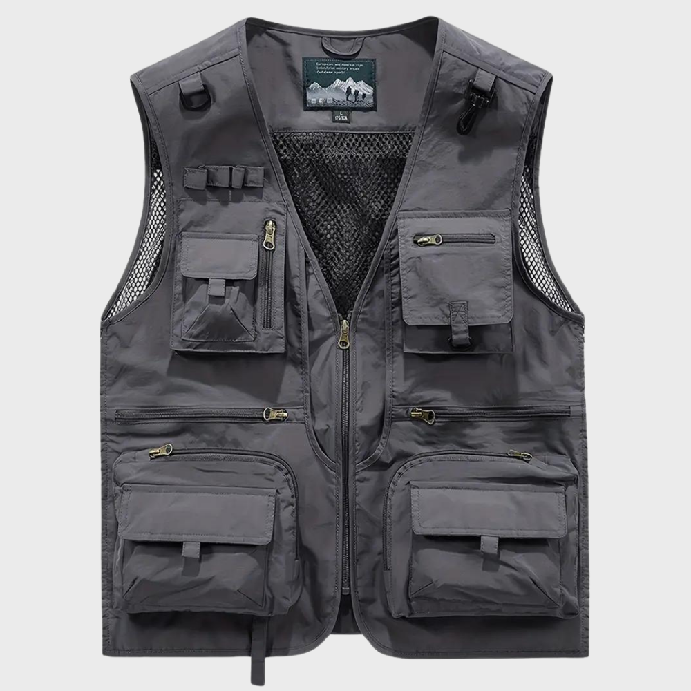 Gray multi-pocket cargo vest with mesh panels, zip front, flat lay | Chaps London