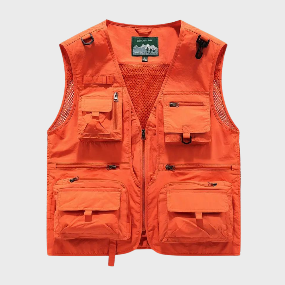 Orange multi-pocket cargo vest with mesh side panels, shown flat | Chaps London