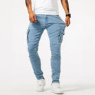 Man wearing light blue denim cargo jeans with side pocket flap | Chaps London