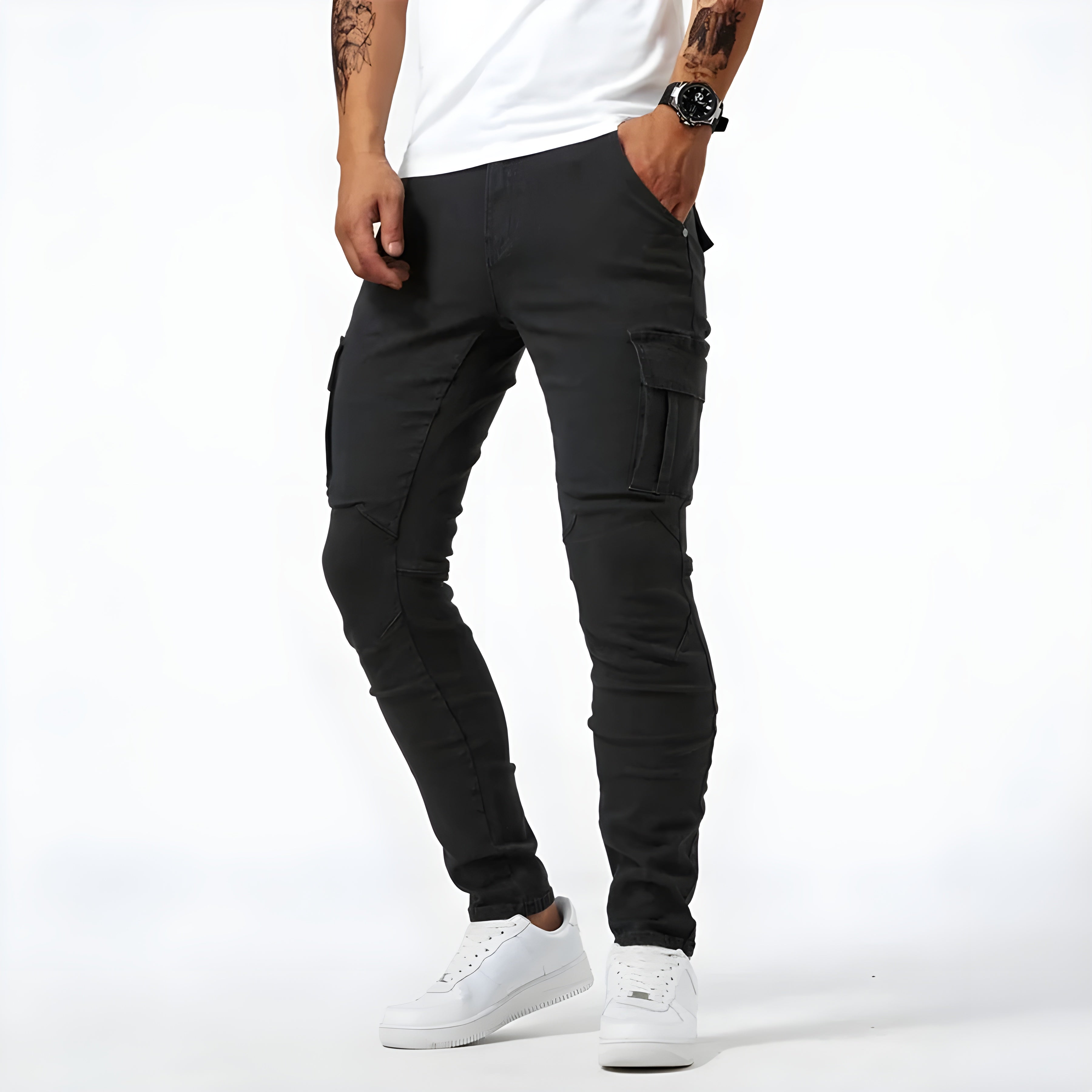 Cargo Jeans - Stretchy - Slim Fit - Cargo Pants - Men's Pants-Stretch Denim Cargo Pants-Chaps London-Black-S 30/40-Chaps London