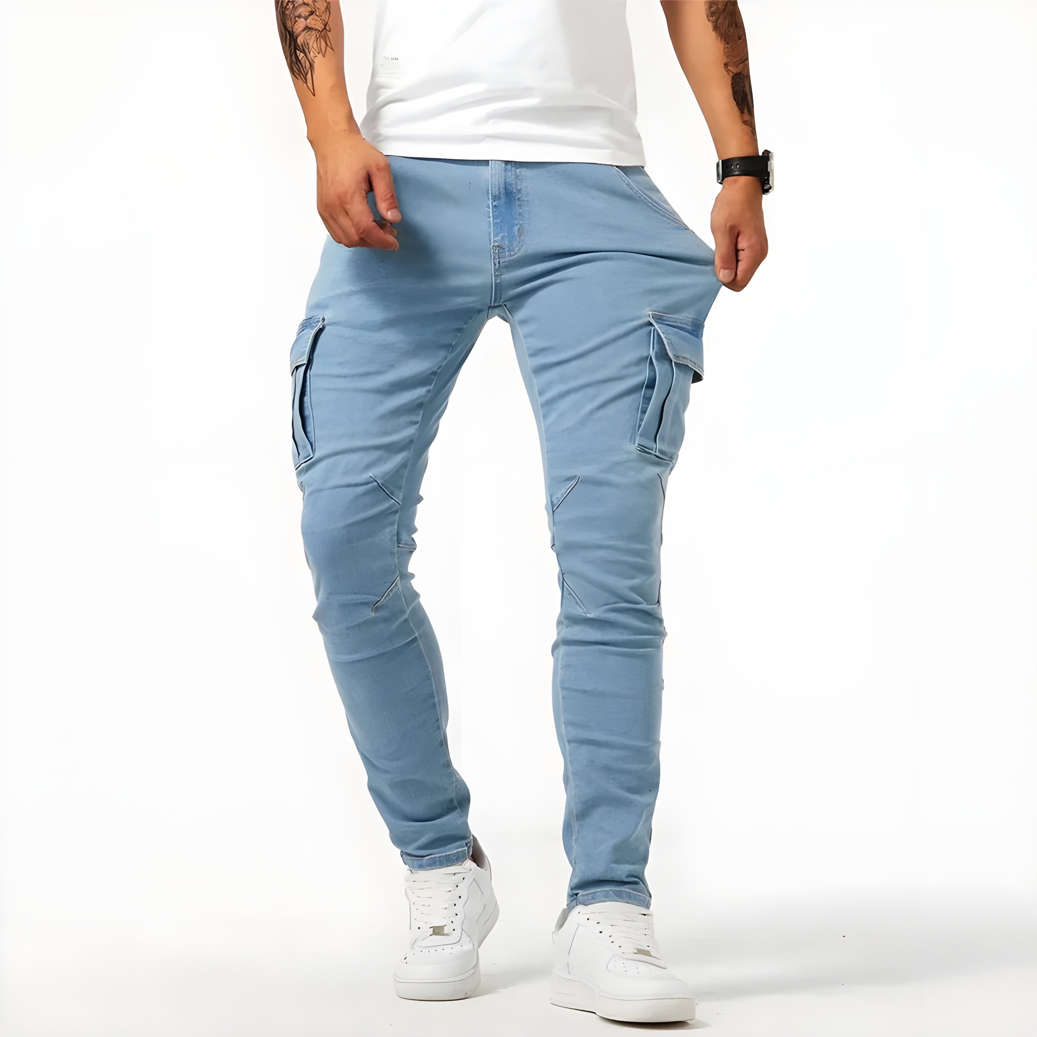 Cargo Jeans - Stretchy - Slim Fit - Cargo Pants - Men's Pants-Stretch Denim Cargo Pants-Chaps London-Blue-S 30/40-Chaps London