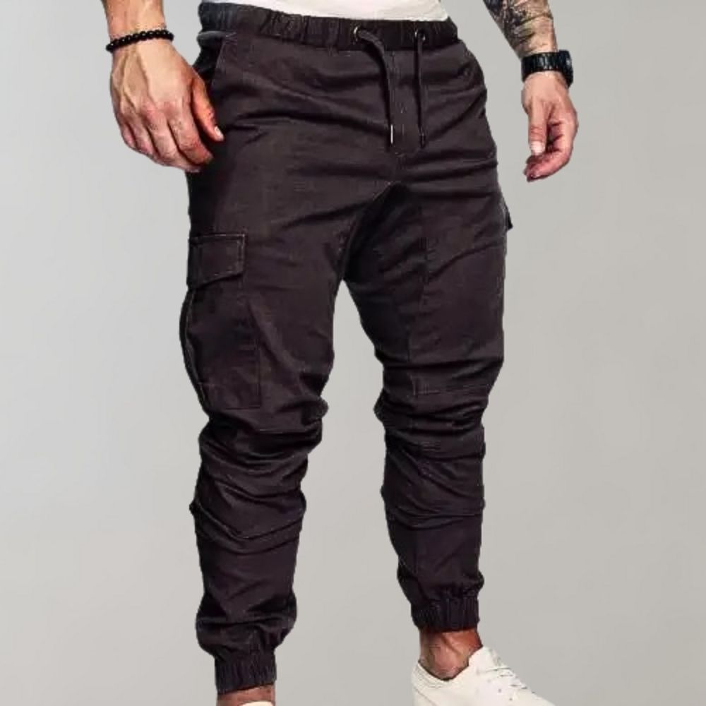 Dark gray cargo joggers with drawstring waist, worn by man, white sneakers | Chaps London
