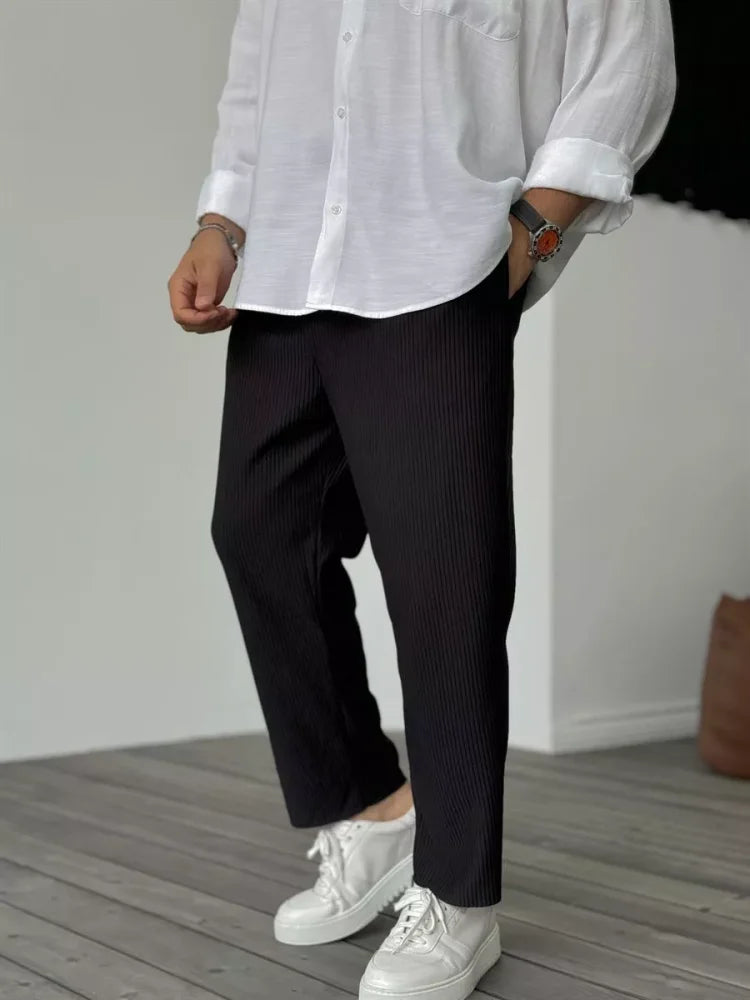 Casual Pants | Ribbed | Elastic Waist | Straight Leg Pants | Men's Pants-Pants-Chaps London-Black-S-Chaps London