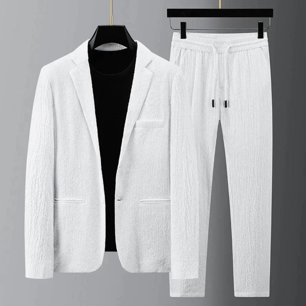 Casual Suit | Lightweight | Drawstring | Trouser and Blazer Set | Men's Two-Piece Set-Blazers-Chaps London-White-M-Chaps London