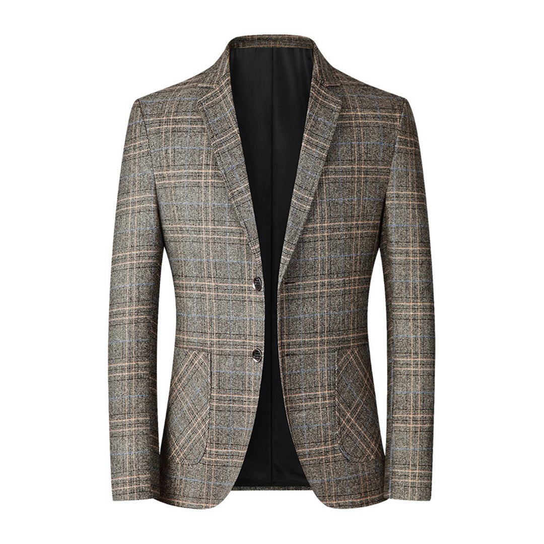 Check Blazer - Men's Single Breasted Suit Jacket-Fashion Men Blazer Plaid Fall-Chaps London-Khaki-XXS-Chaps London
