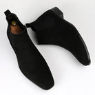Black suede Chelsea boots pair shown flat, elastic side panels, pull tab | Chaps London