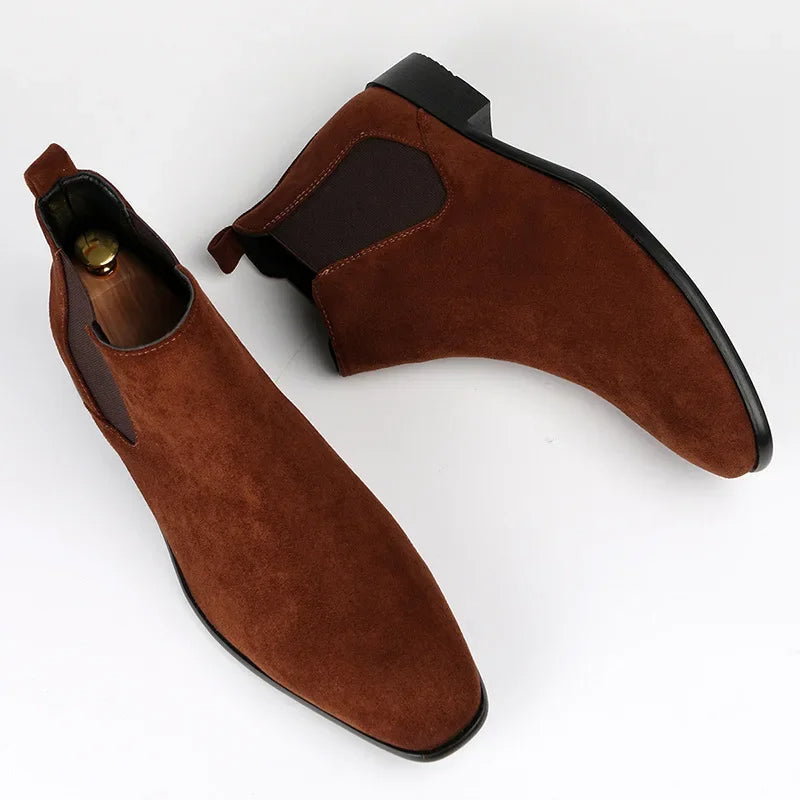 Pair of brown suede Chelsea boots shown flat, top view | Chaps London