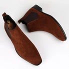 Pair of brown suede Chelsea boots shown flat, top view | Chaps London