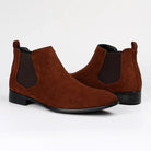 Brown suede Chelsea boots with elastic side panels, shown as a pair | Chaps London