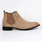 Tan suede Chelsea boot with elastic side panel, shown flat, side view | Chaps London