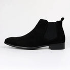 Black suede Chelsea boot with elastic side panel, shown in profile | Chaps London