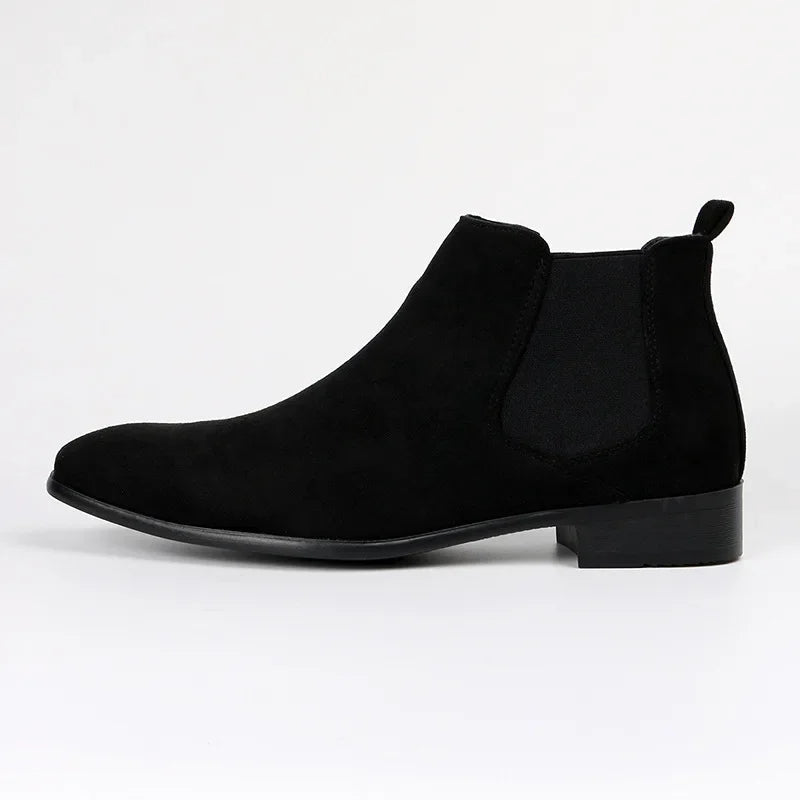 Black suede Chelsea boot with elastic side panel, shown in profile | Chaps London