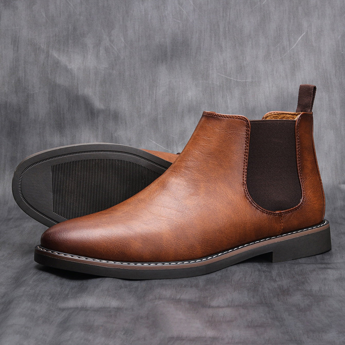 Brown leather Chelsea boot with elastic side panel, shown paired, flat | Chaps London