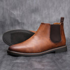 Brown leather Chelsea boot with elastic side panel, shown paired, flat | Chaps London